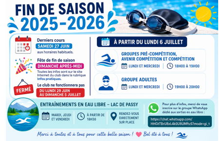 Fin de Saison 2025 2026, horaires d'été